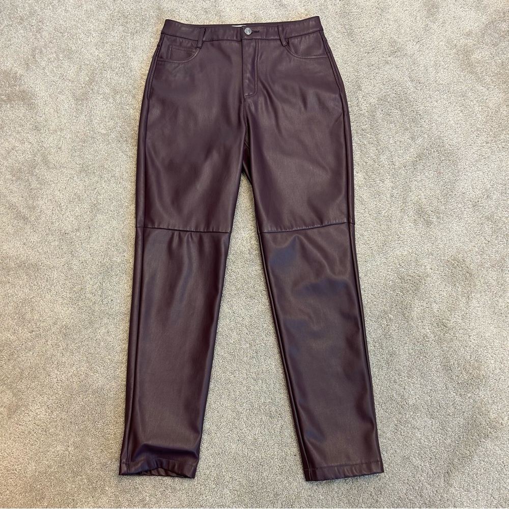 Joe fresh women’s burgundy maroon faux leather pleather high-rise slim fit pants